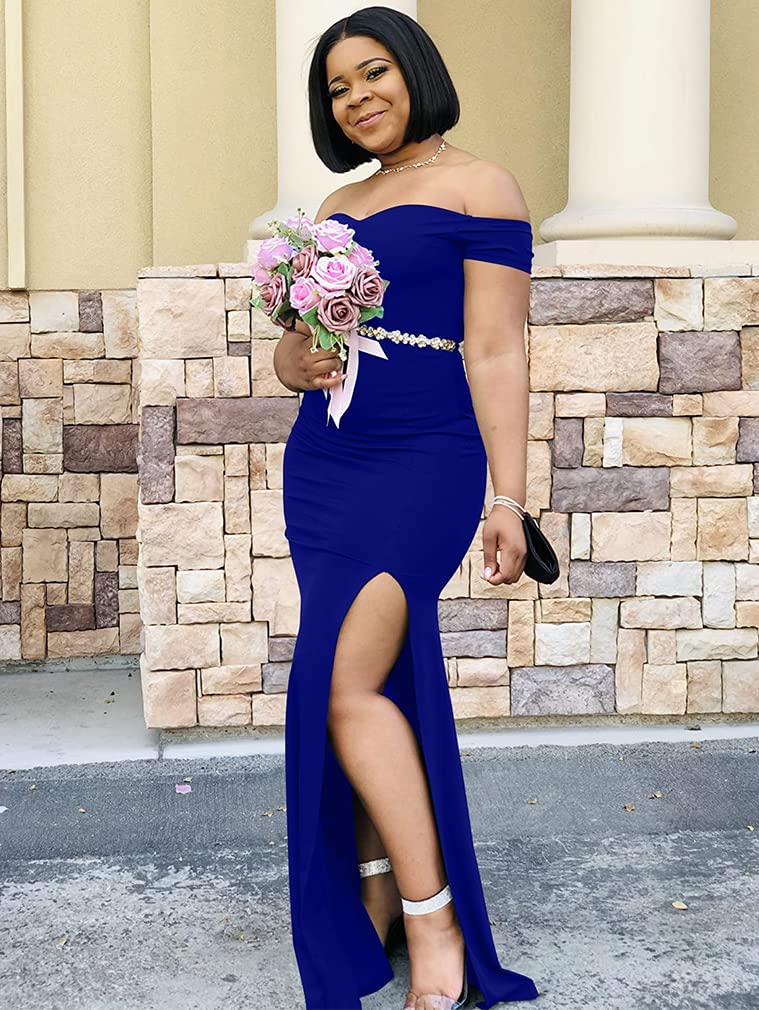 YMDUCH Women's Off Shoulder High Split Long Formal Party Dress Evening Gown Navy - Image 5